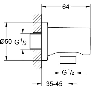 Technische Zeichnung: Grohe Rainshower Wandanschlussbogen, Hard Graphite gebürstet, mit Maßangaben.