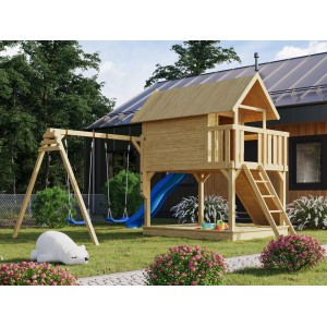 Karibu Stelzenhaus Fidel mit Doppelschaukel und blauer Wellenrutsche im Garten.