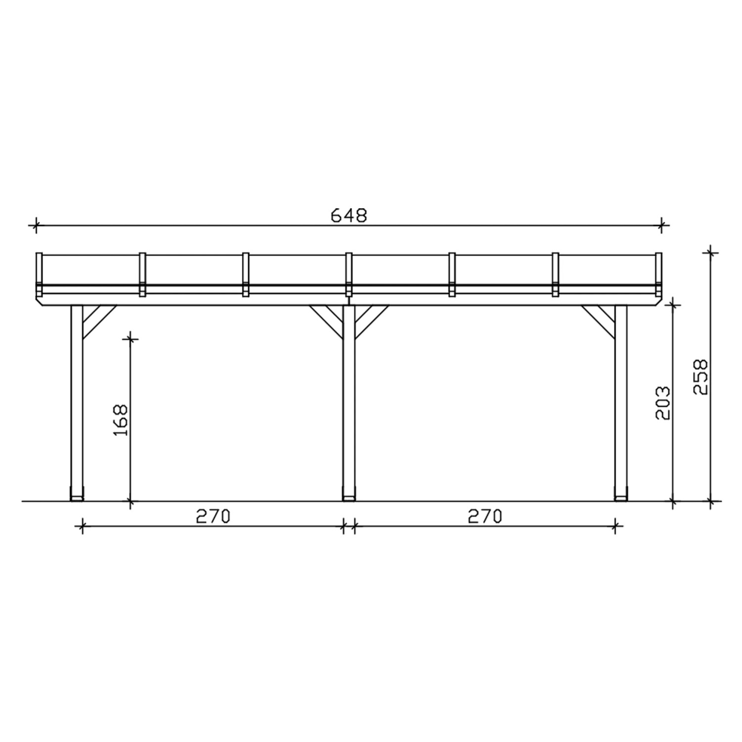 Technische Zeichnung der Skan Holz Terrassenüberdachung Bormio 648x250 cm aus Leimholz, mit Maßangaben.
