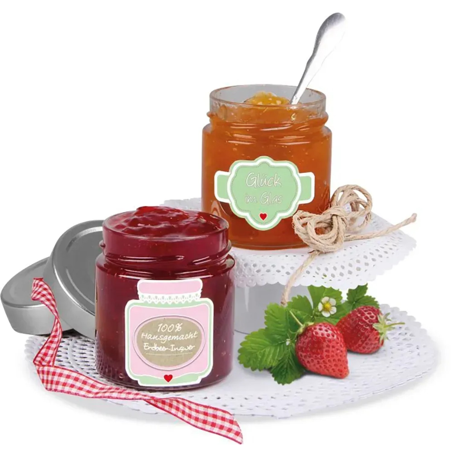 Dr. Oetker Gläser-Etiketten: 2 Gläser mit Marmelade und bunten, beschrifteten Etiketten.