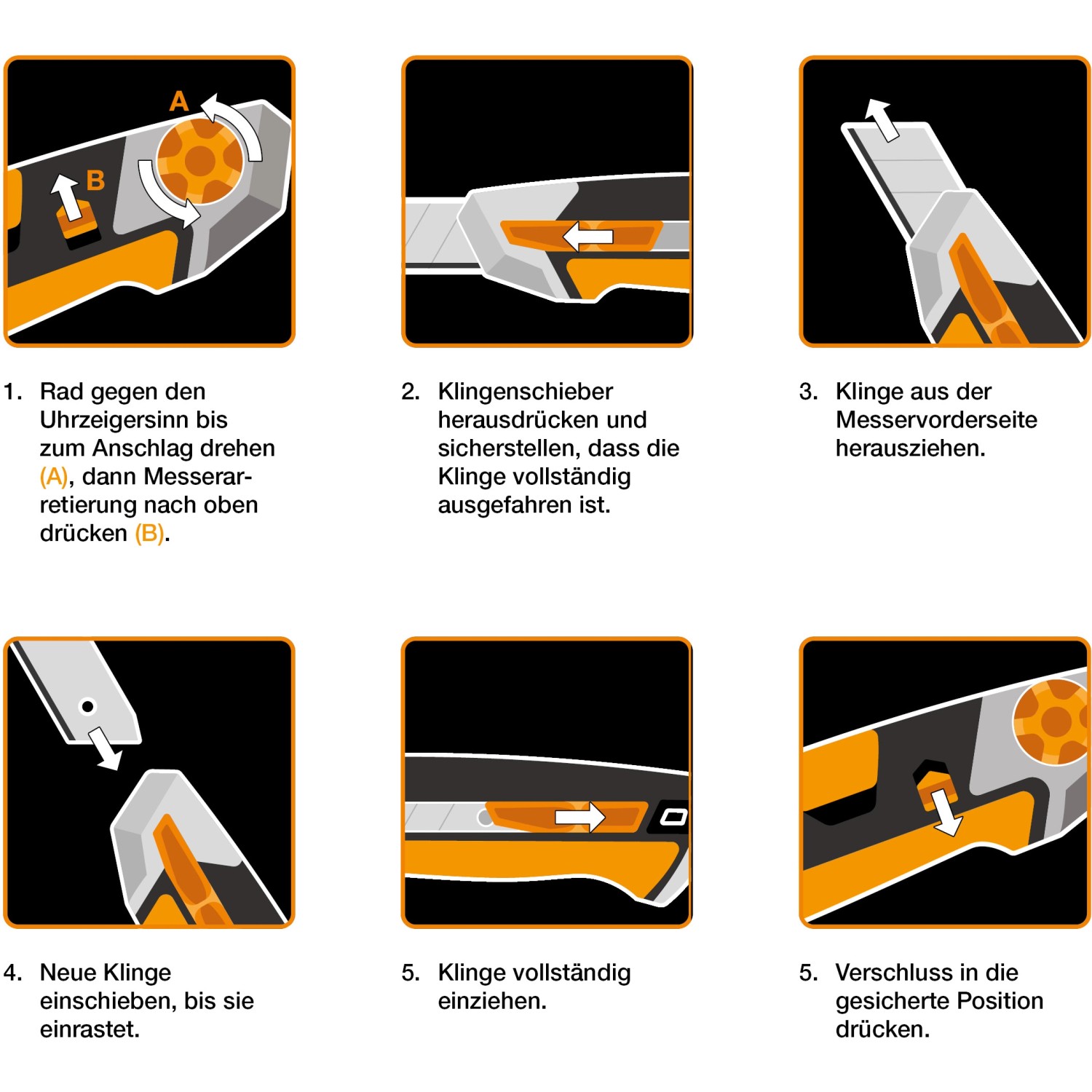Anleitung: Fiskars CarbonMax Abbrechklingenmesser 18 mm Klingenwechsel Schritt für Schritt.