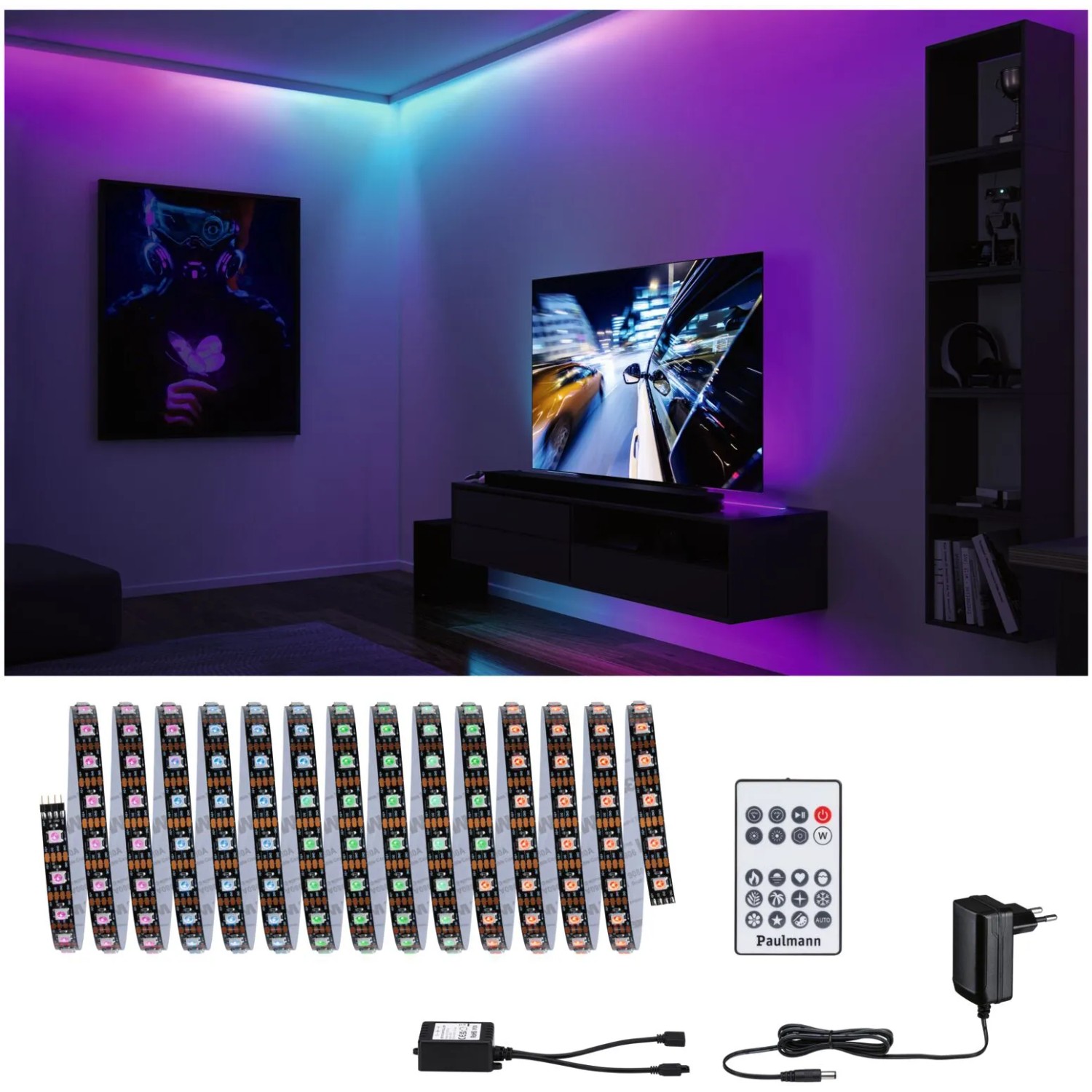 Paulmann LED-Strip EntertainLED Set 5 m im Wohnzimmer mit Farbwechsel, inklusive Zubehör wie Fernbedienung.