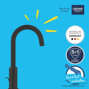 Grohe Start Waschtischarmatur L-Size in Schwarz mit Hinweisen zu Garantie und Quicktool.