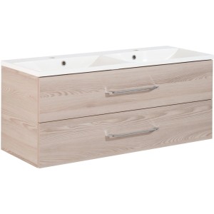 Fackelmann Doppelwaschtisch B.clever 120 cm Esche mit zwei Schubladen und Gussmarmor Waschbecken.