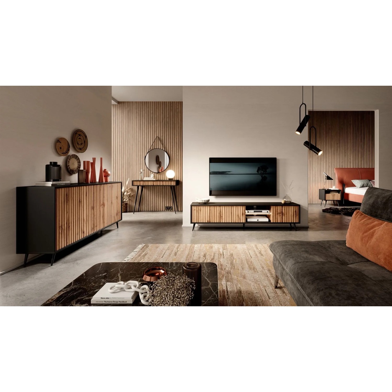 Selsey Sideboard Bello 154 cm, Schwarz/Wotan Eiche. Elegante Kommode mit Lamellenfronten und schwarzen Füßen im Wohnzimmer.