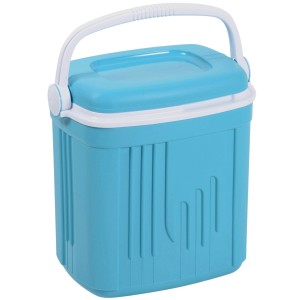 Türkis-blaue Kühlbox mit weißem Griff, 20 Liter Fassungsvermögen für Camping und Ausflüge.