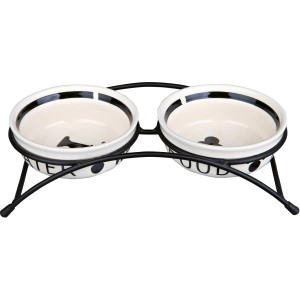 Jollypaw Napf-Set mit 2 Keramiknäpfen (weiß/schwarz) in schwarzem Metallhalter.