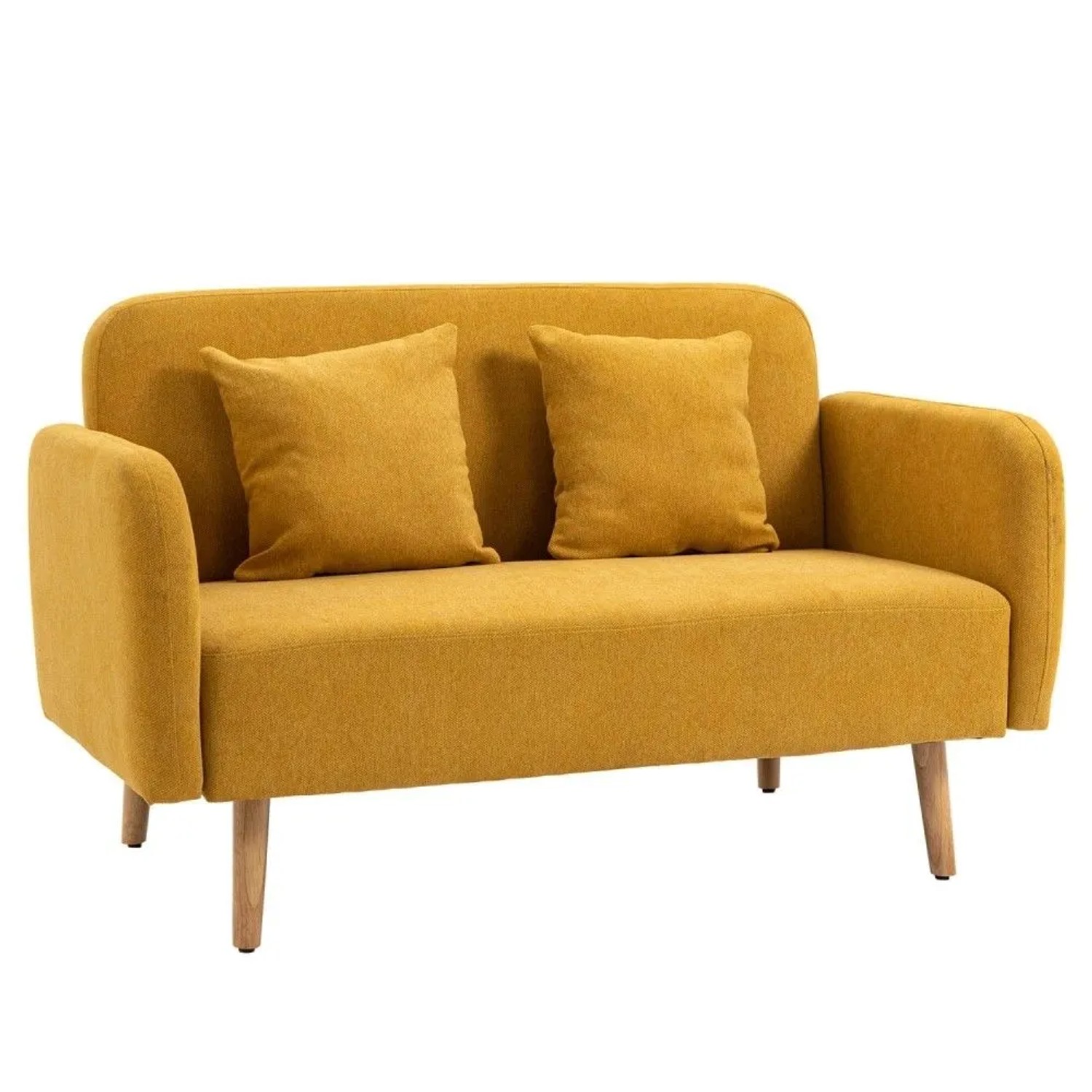 Gelbes 2-Sitzer Sofa HOMCOM mit zwei passenden Wurfkissen und Holzfüßen, moderner Stil.
