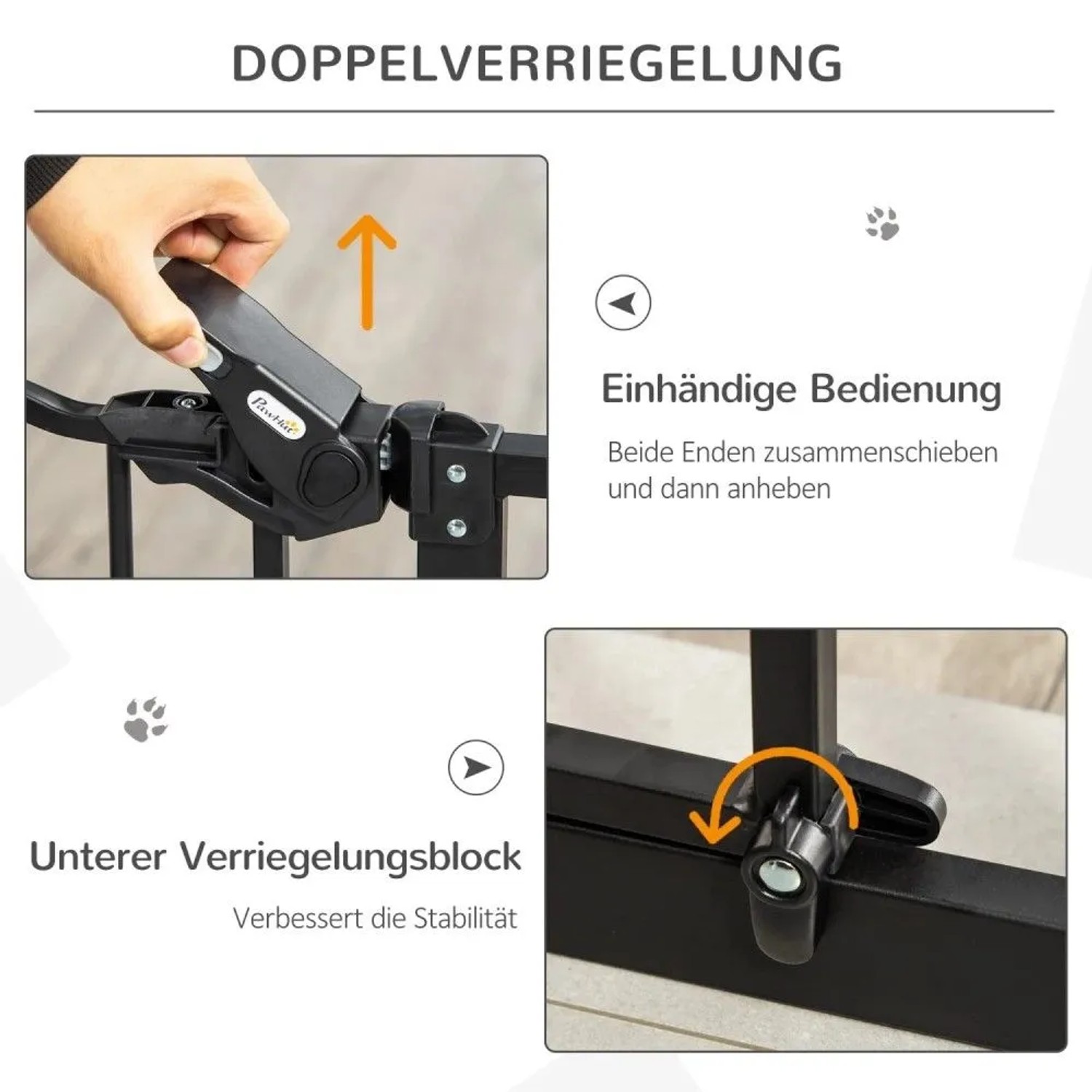 PawHut Türschutzgitter: Details der Doppelverriegelung und des unteren Verriegelungsblocks für Stabilität. Einhändige Bedienung.