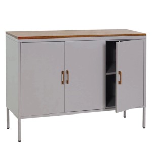 Graue MCW Kommode L84-3 mit drei Türen, Holzplatte und Metallfüßen.