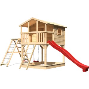 Karibu Stelzenhaus Benjamin mit Doppelschaukel, Klettergerüst und roter Rutsche.