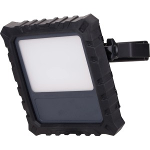 Schwarzer LED-Baustrahler mit Bügel und tageslichtweißem Licht.