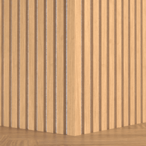 Denpanels Eckleiste Eiche für Akustikpaneele. Zeigt nahtlose Lamellenoptik an einer Außenecke. Perfekter Wandabschluss.