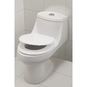 Weißer WC-Sitz Cajon mit Holzkern und Metallscharnieren.