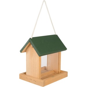 Hängendes Futterhaus Fallon aus Holz mit grünem Dach für Wildvögel.