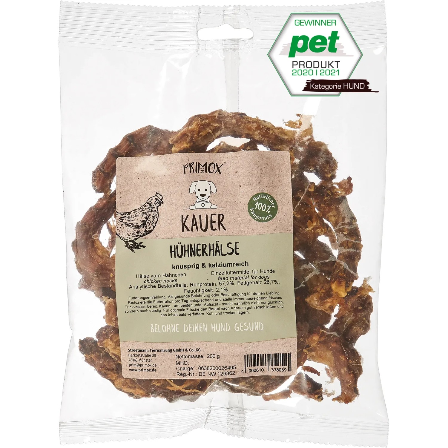 Primox Hunde-Snack Kauer Klassik Hühnerhälse, getrocknet, 200g Packung.