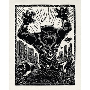 Komar Wandbild Marvel Black Panther Lino-Cut Charge 40 cm x 50 cm Schwarz-Weiß