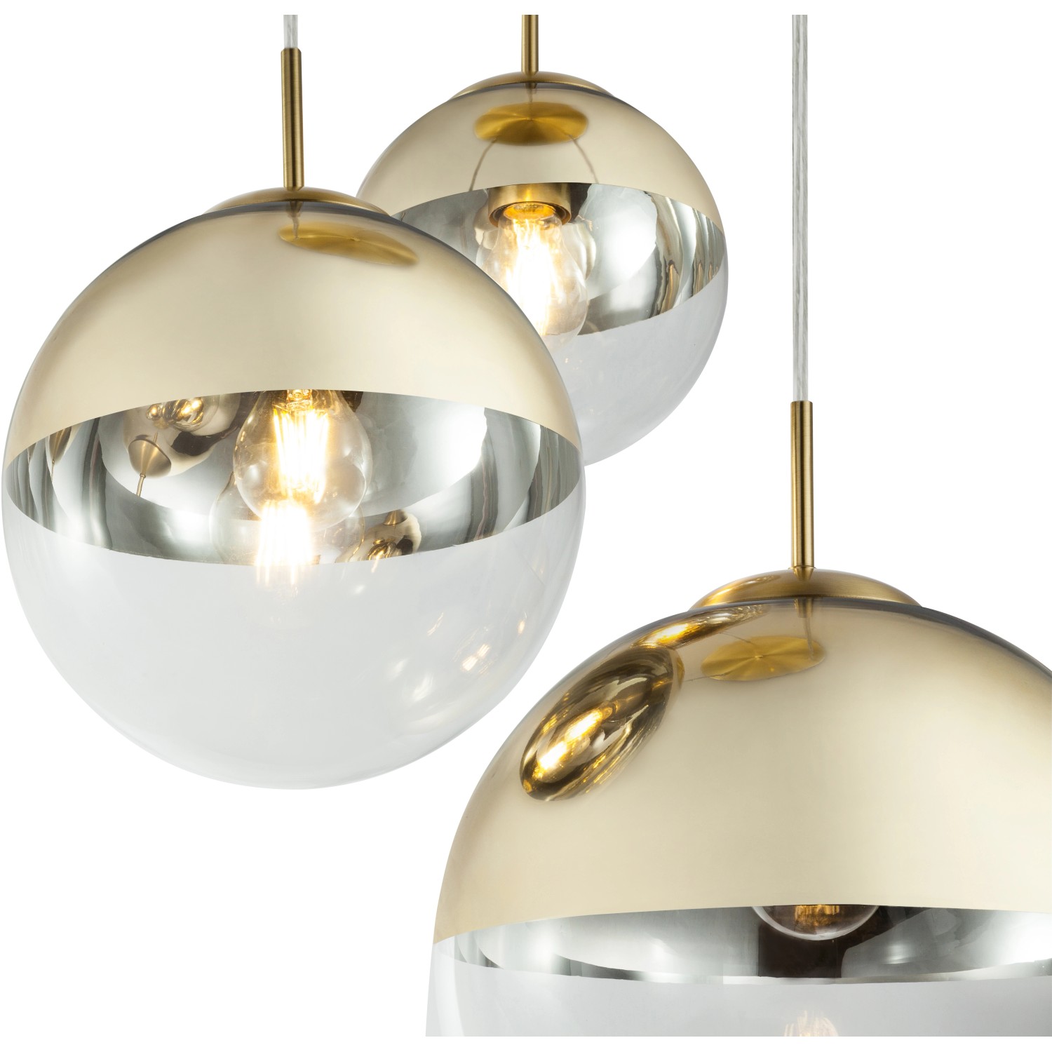 Moderne, goldfarbige Globo Pendelleuchte Varus mit drei Glasschirmen.