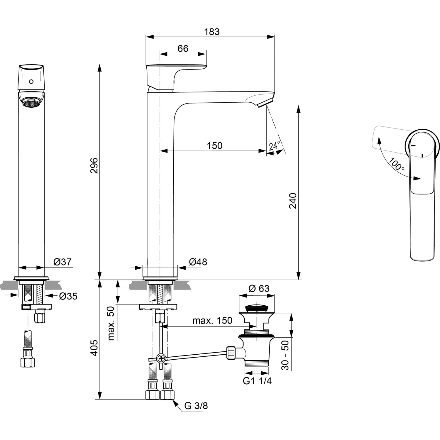 Technische Zeichnung: Ideal Standard Connect Air Slim BlueStart Waschtischarmatur mit Maßen.