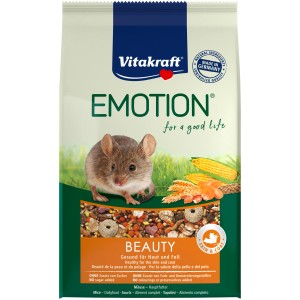 Vitakraft Emotion Beauty Selection Mäusefutter, 300g Packung mit Maus-Abbildung.