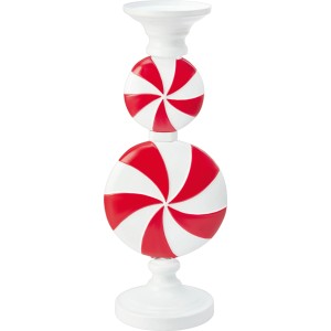 Weihnachts-Kerzenhalter weiß-rot aus Eisen mit zwei spiralförmigen Dekorbonbons. Ideal für festliche Tischdeko.