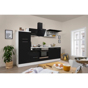 Respekta Premium Küchenzeile 270 cm in Schwarz Hochglanz/Weiß mit E-Geräten.