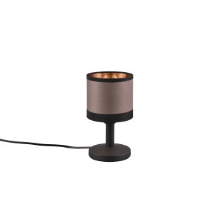 Schwarze Reality Design-Tischlampe Davos mit Stoffschirm in Taupe-Schwarz und goldener Innenseite.