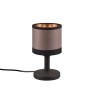 Schwarze Reality Design-Tischlampe Davos mit Stoffschirm in Taupe-Schwarz und goldener Innenseite.