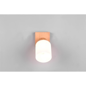 Reality Assam Wandspot, 1-flammig, Holz natur, weißer Glasschirm. Für Wohn- und Schlafzimmer.