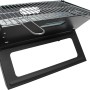 Klappbarer, schwarzer Tischgrill mit verchromter Grillfläche für Camping und Picknick.