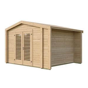 Gartenhaus Killarney 28 LT 350 A Nat aus Holz mit Doppeltür und seitlichem Anbau.