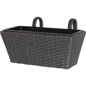 Anthrazit-schwarzer Polyrattan Balkonkasten 40x28x22 cm mit herausnehmbarem Kunststoffeinsatz.