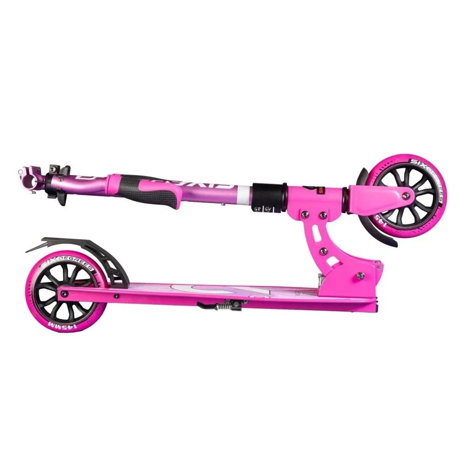 Pinker Six Degrees Aluminium Scooter Junior, 145 mm, zusammengeklappt. Höhenverstellbarer Roller mit Ständer.