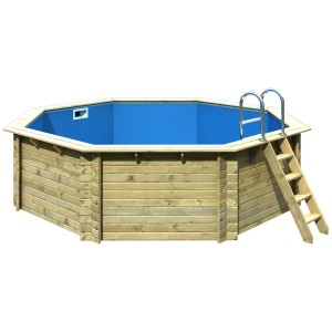Karibu Holzpool Set mit Leiter und Filteranlage. Kesseldruckimprägniertes Holz und blaue Innenfolie.