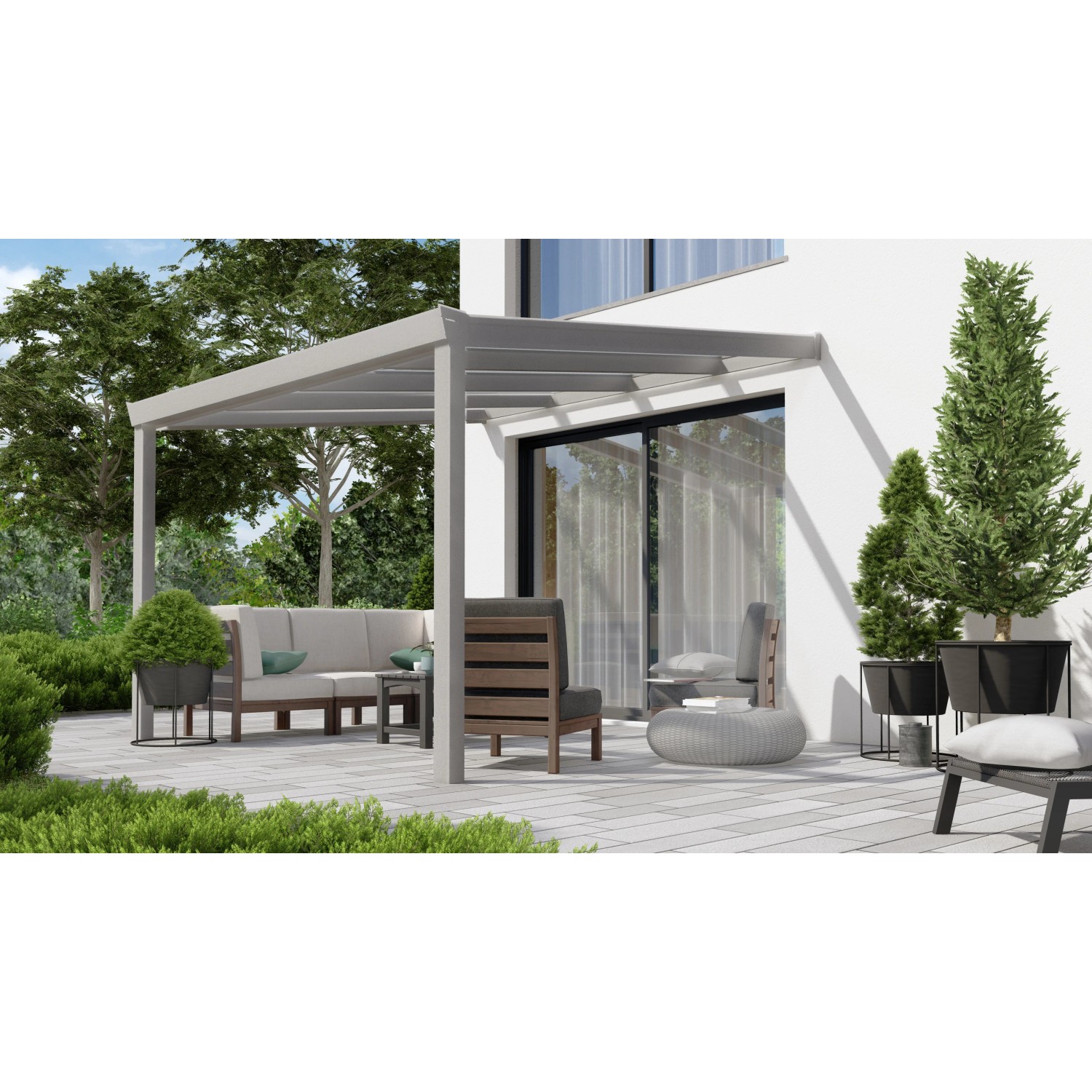 Graue Terrassenüberdachung Professional 300x350 cm mit klarer PC-Verglasung und Sitzbereich.