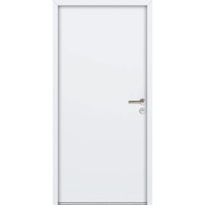 Weiße FM Tür NBT56 Modell 07, 1000x2100 mm, mit Drückergarnitur und Profilzylinder für Nebeneingänge.