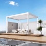 Weißer Weide Deluxe Plus Pavillon aus Aluminium mit elektrischem Lamellendach und LED auf Holzterrasse. Markisen & Sonnenschutz.