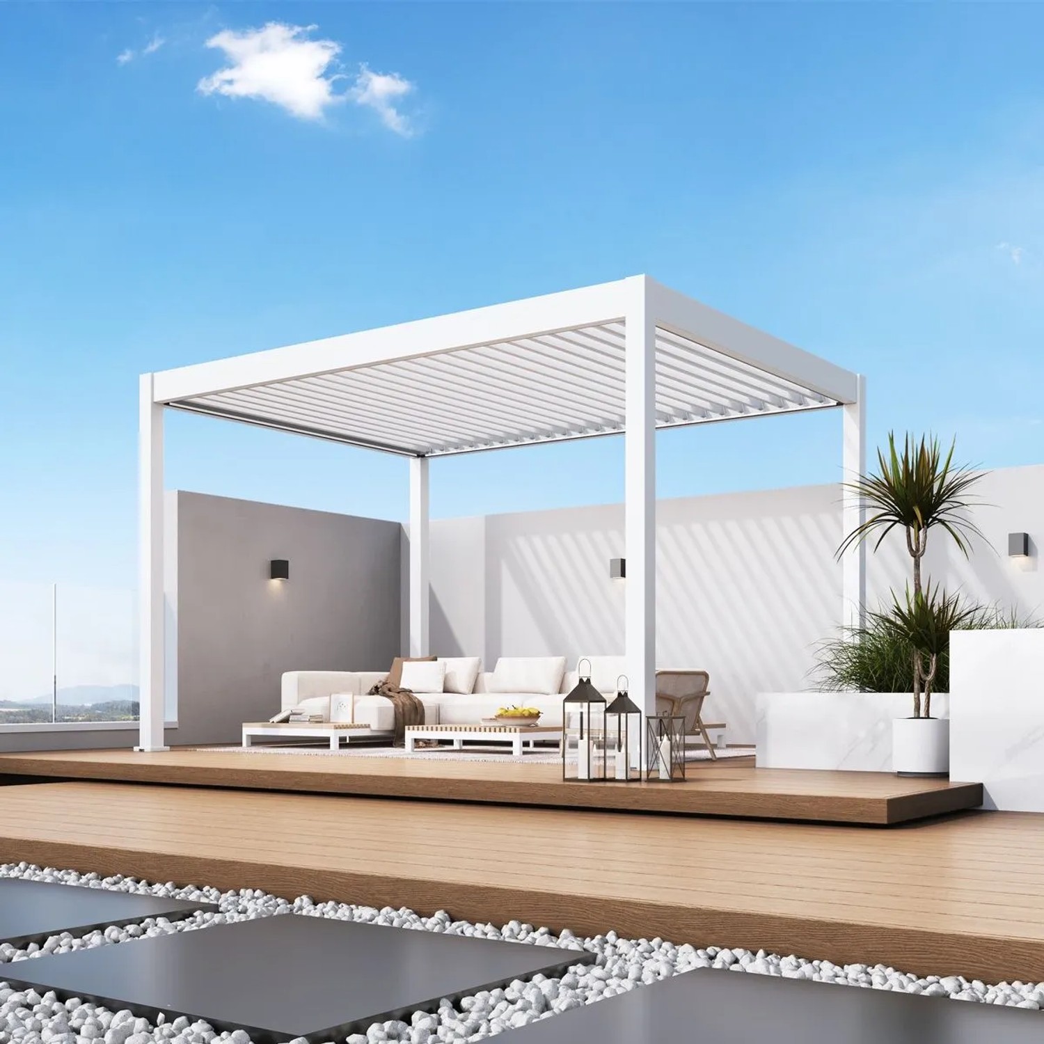 Weißer Weide Deluxe Plus Pavillon aus Aluminium mit elektrischem Lamellendach und LED auf Holzterrasse. Markisen & Sonnenschutz.