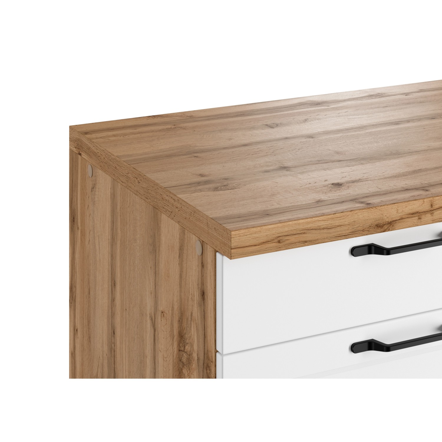 Detailaufnahme: Küchenzeile Kempten in Wotan Eiche/Weiß mit schwarzen Griffen.