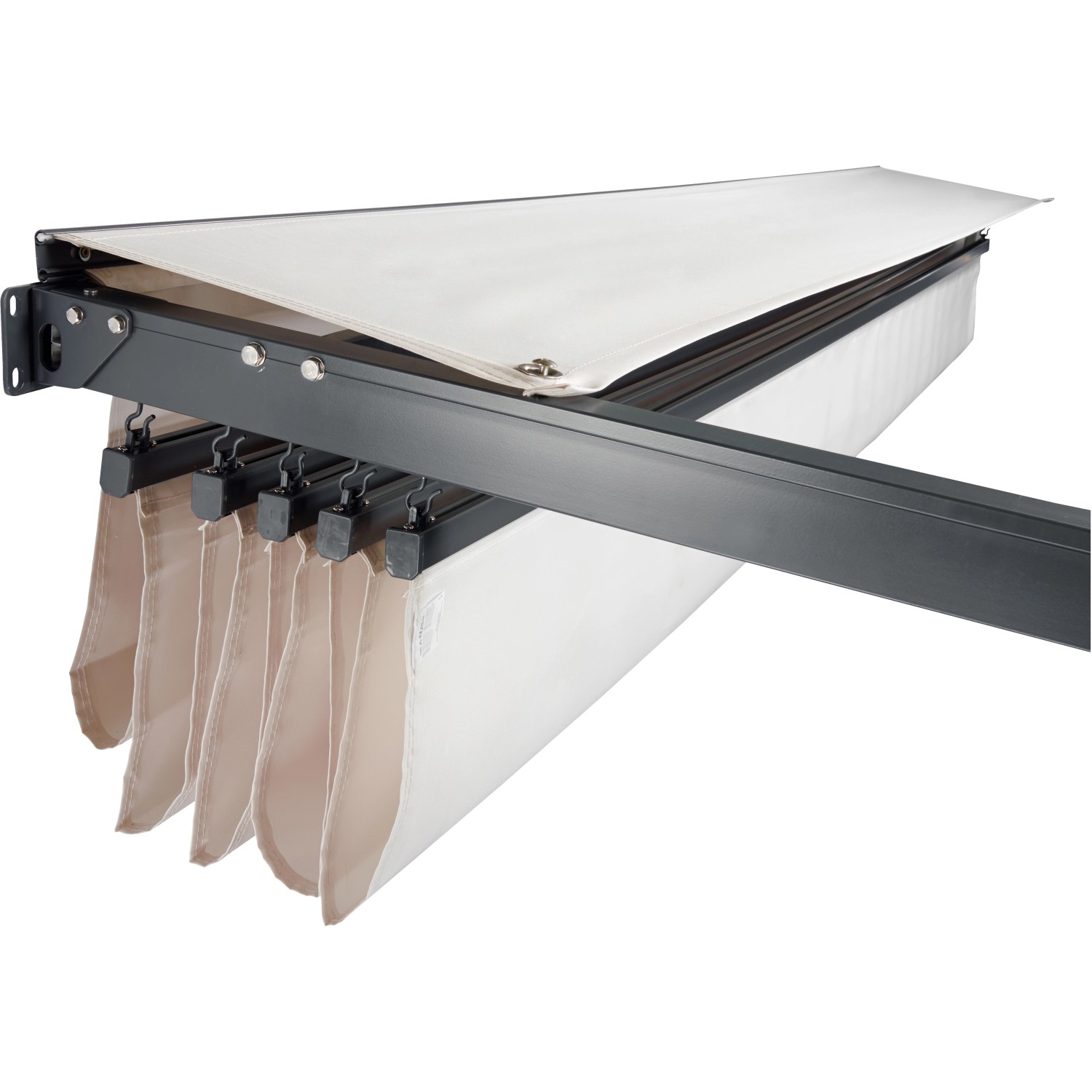 Detailaufnahme der Faltdachmarkise Armila 3x3m in Beige, teilweise geschlossen.