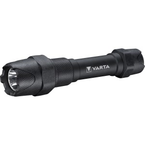 Schwarze Varta LED-Taschenlampe Indestructible F20 Pro mit Batterien.