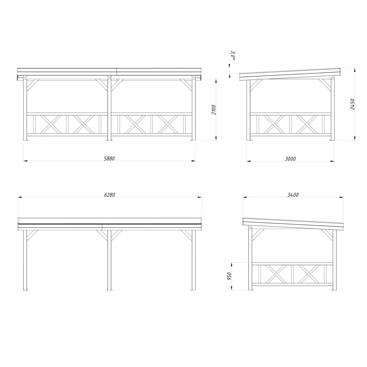 Technische Zeichnung: Palmako Pavillon Lenna Set 307, grau tauchgrundiert, 588x300 cm, FSC®-zertifiziert.