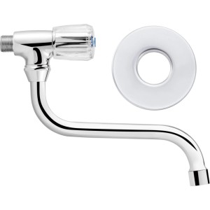 Kaltwasser-Wandauslaufventil Ledro Chrom mit schwenkbarem Auslauf und Rosette für Waschbecken.