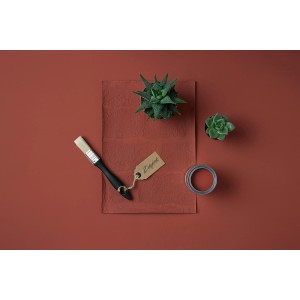 Rust-Oleum Kreidefarbe Ziegelrot, 125ml, mit Pinsel und Sukkulenten auf farbigem Untergrund.