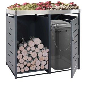 Anthrazitfarbene MCW Mülltonnenbox H40 mit Holzlager und Bepflanzung, 125x130x80 cm.