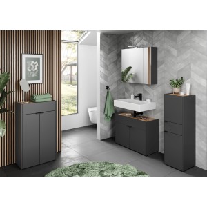 Germania Forano Waschbeckenunterschrank in Graphit Eiche, 80 cm breit. Badmöbel mit Klappe und zwei Türen.