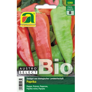Austrosaat Paprika Austrocapi Samenpackung mit roten und grünen, spitz zulaufenden Paprika.