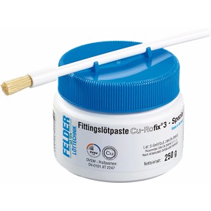 Weichlötpaste 250g im weißen Behälter mit blauem Deckel und Pinsel für Lötzubehör.