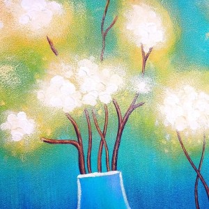 Handgemaltes abstraktes Ölgemälde: Blumen in blauer Vase, Deko für Wohnzimmer.
