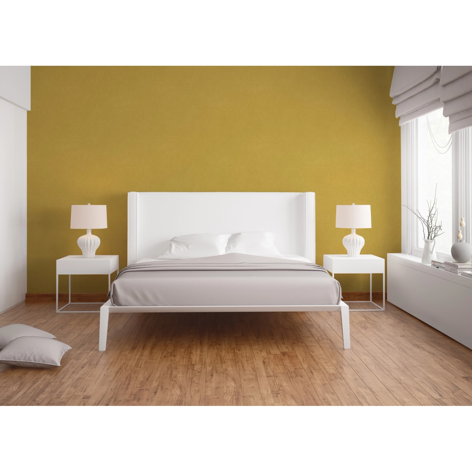 Schlafzimmer mit gelbgrüner Vliestapete Uni, glatt und matt. Dekorative Tapete für ein gemütliches Ambiente.